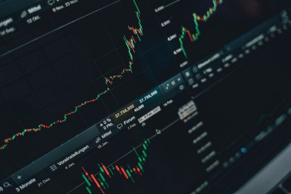 Koyu ekranda mum grafikleri ve fiyat çizelgeleri gösteren işlem platformu